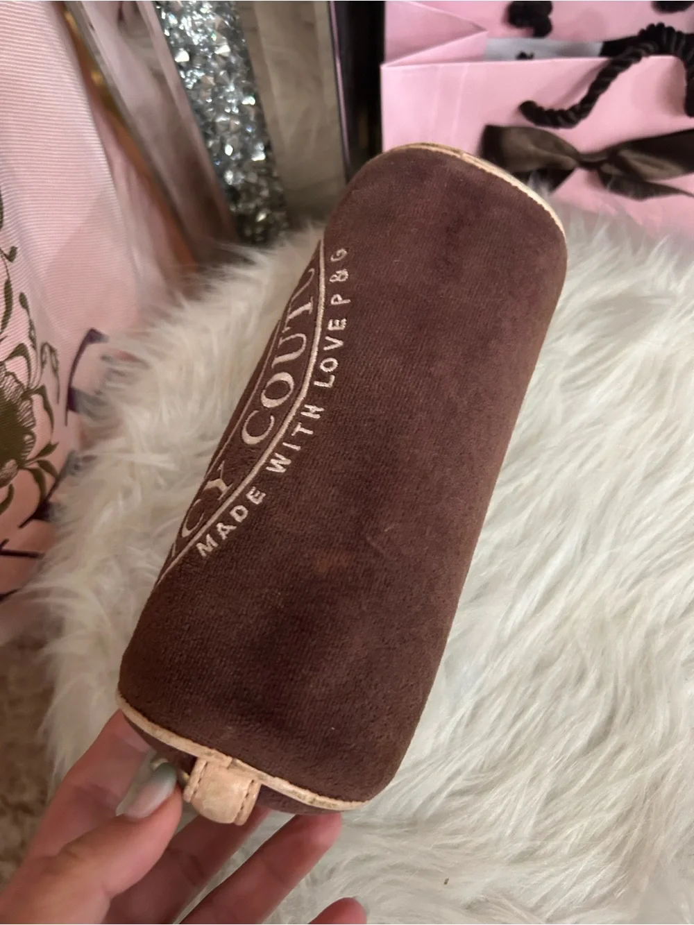 Vintage 2004 Juicy Couture Brown Velour Pink Leather Barrel Cosmetic Tootsie Bag
